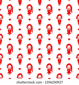 Valentine pixel seamless pattern. Geometric red hearts with boy and girl icons isolated on white background. Holiday wallpaper illustration. 
