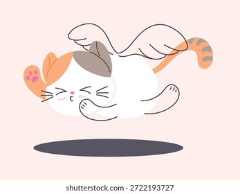 Ilustración vectorial juguetona del gato de San Valentín que rueda con la expresión y el movimiento lindos. Lindo diseño dibujado a mano para tarjetas de felicitación, pegatinas, iconos y carteles.