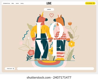 Valentine: Playful Connection - modern flat vector concept illustration of a couple in unicorn costumes holding hands. Metaphor of love, whimsical and imaginative side of romance