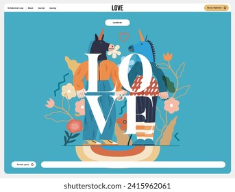 Valentine: Playful Connection - modern flat vector concept illustration of a couple in unicorn costumes holding hands. Metaphor of love, whimsical and imaginative side of romance