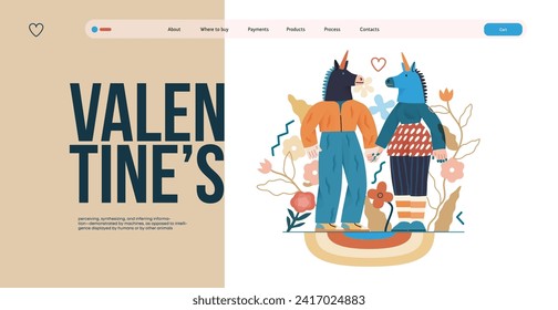 Valentine: Playful Connection - modern flat vector concept illustration of a couple in unicorn costumes holding hands. Metaphor of love, whimsical and imaginative side of romance