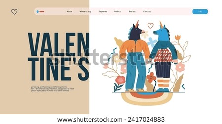 Valentine: Playful Connection - modern flat vector concept illustration of a couple in unicorn costumes holding hands. Metaphor of love, whimsical and imaginative side of romance