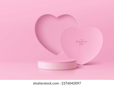 Valentine podium 3D background with pink cylinder pedestal and pastel hearts shape backdrop wall scene. Abstract composition in minimal design. Platforms cosmetic product presentation. Stage showcase.