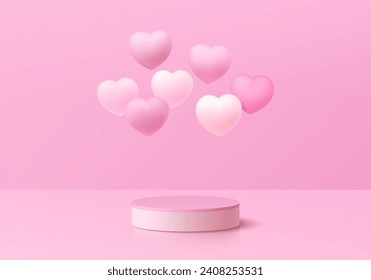 Fondo 3D de San Valentín con peatón de cilindro rosa, corazones de globo pastel dan forma a la escena. Composición abstracta en diseño mínimo. Presentación de productos cosméticos de plataformas. Muestra de escenario.