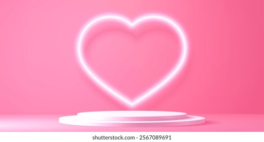 Valentine podium stand with heart. 3d vector radiant heart shaped neon light and circular stage set against a soft pink background for valentines day promotions, romance and stylish modern displays