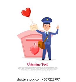 Poste de San Valentín y cartero aislado con bolso, carta y globo de corazón en mano en blanco. Buzón rosa con corazón rojo y cartero que agita y envía texto. Ilustración vectorial de la entrega de San Valentín