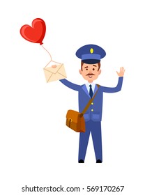 Valentine post and isolated mailman with bag, letter and heart balloon in hand on white background. Waving postman greets you. Vector illustration of Valentine's delivery in cartoon style