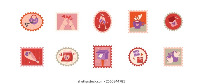 Valentine Postage Stamps with Romantic Elements, Valentine Post Card Stamp Set