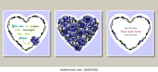Valentine postcard heart cornflowers vector wedding invitation