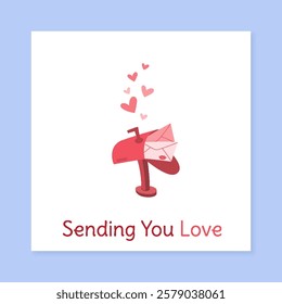 Valentine postcard with heart and love theme. Cartoon style message with romantic elements, ideal for sending warm greetings. Great for social media use or personal correspondence, flat style