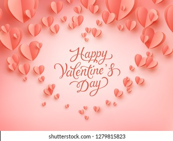 Valentine postcard with paper flying hearts on coral background. Vector symbols of love for Happy Valentine's Day greeting card design.