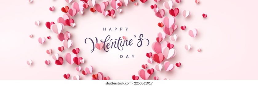 Valentine postcard with paper flying hearts on pink background. Vector symbols of love for Happy Valentine's Day greeting card design