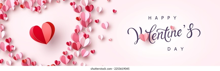 Valentine postcard with paper flying hearts on pink background. Vector symbols of love for Happy Valentine's Day greeting card design