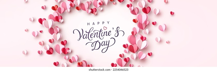 Valentine postcard with paper flying hearts on pink background. Vector symbols of love for Happy Valentine's Day greeting card design