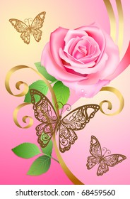 Valentine postcard with rose, butterflies and ribbons