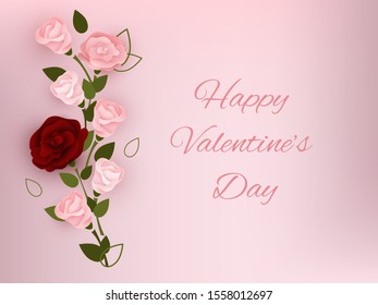 Valentine postcard. Vector symbols of love for Happy Valentine's Day, greeting card design. Wedding, birthday background template. Paper cut art Spring Blossom Flower of Rose. Decorative love concept