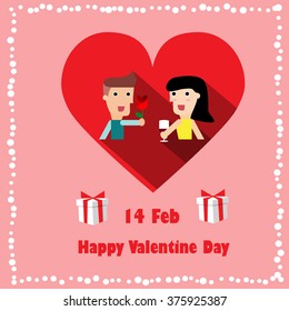 Valentine postcard which is the man give his girlfriend a rose with flat design  