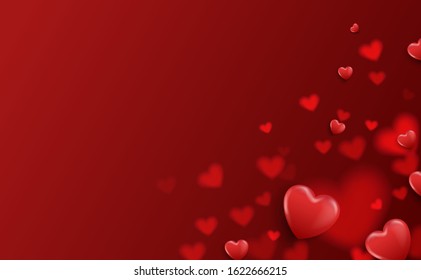 Valentine poster. 3D red heart on bokeh heart background with copy space. Concept for valentine’s day greeting card template, banner, postcard or surprise sale voucher in vector illustration