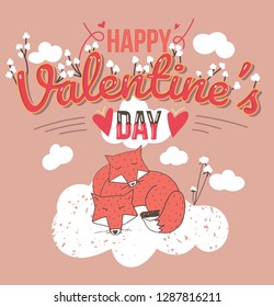 Valentine Poster  with cute hand drawn cuddling foxes, cotton, clouds. Vector eps 8