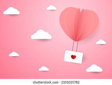 Valentine poster design. illustration of love and valentine day,Origami made hot air balloon flying over grass with heart float on the sky. Paper art and digital craft style.