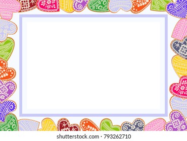 Valentine poster with frame of decorated gingerbread cookies in shape of heart with place for text. Concept of writing to Day of Lovers, invitations, congratulations, decorating entriesenvelopes.