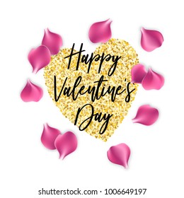 Valentine poster. Random falling petals. Pink sakura rose petal isolated white background. Wedding illustration. Golden heart. Happy Valentines Day greeting card. Festive holiday vector.