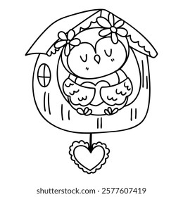 A Valentine Postman Owl. Cute owl in birdhouse holding heart, surrounded by flowers