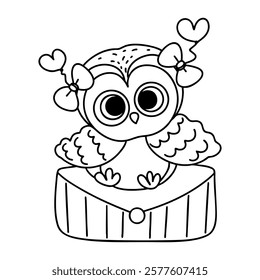 A Valentine Postman Owl. Cute owl with hearts and bows sitting on mailbox, perfect for Valentine Day