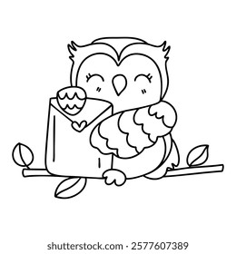 A Valentine Postman Owl. Cute owl holding letter with heart, perched on branch