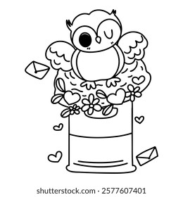 A Valentine Postman Owl. Cute owl on decorated mailbox with flowers and hearts