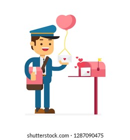 Valentine postman in uniform with mailbag holding envelope with heart balloon near postbox