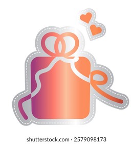 Valentine Present Gift Box Illustration with Hearts in Pink, Orange and Silver Isolated on White Background