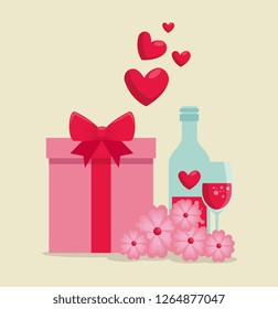 valentine present gift and love potion with flowers