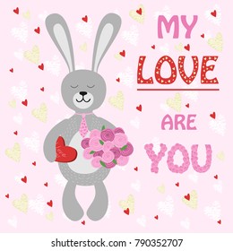Valentine rabbit Bunny with bouquet of flowers and sweets-vector illustration, eps