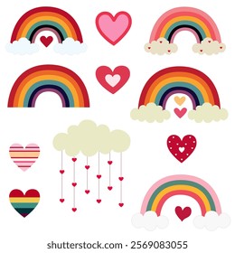 Valentine rainbows of love and hearts cute graphic elements design on white background. Vector illustration for special time.