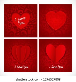 Valentine red banners set with paper heart on abstract background with swirls in red colors