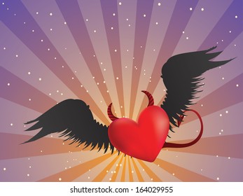 Valentine red heart with black angel wings on background with rays.