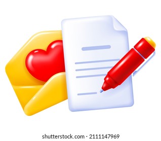 Valentine with red heart inside. Postal yellow envelope, open, with paper sheet and pen, in 3d minimalist style. Bright glossy and convex mail icon isolated on white background. Vector illustration.