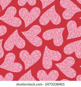 Valentine red heart seamless pattern vector. Cute romantic pink hearts on red background. Valentine's day, love sign. Design for backdrop, fabric, print, cover, card, sticker, wrapping, paper, decor.