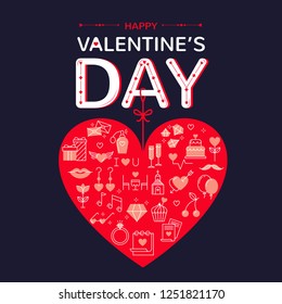 Valentine red heart vector design with cute icons of hearts, balloons, cake, ring, diamond, lips, mustache, gift, flowers, cherry etc. Heart vector illustration.