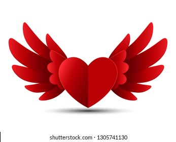 Valentine Red Heart with Wings, Vector Illustration