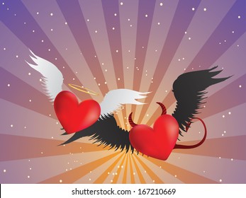 Valentine red hearts with angel wings on background with rays.
