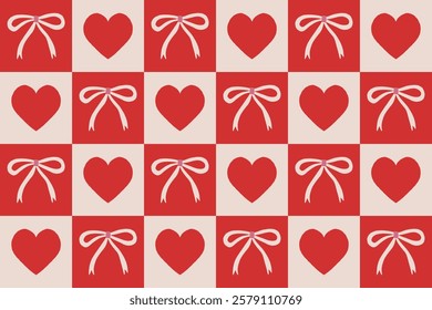 Valentine red hearts and bow seamless checkered pattern design vector