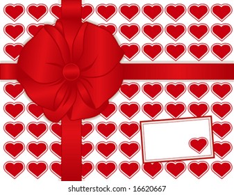Valentine Red Hearts Gift Box, gift tag with copy space, red ribbon and bow. EPS8 compatible.