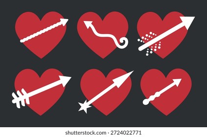Corazones rojos de San Valentín perforados con varias flechas blancas conjunto de Vector