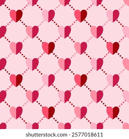 Valentine red and pink hearts and dots line on lite pink background. Vector seamless pattern. Design for decoration, wrapping paper, wallpaper, background and St. Valentine's Day decoration.