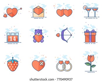 Valentine related items icon series in flat color style. Vector illustration.