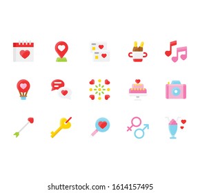 valentine related love and romance message popups, location, music, camera, heart key, cake, arrow, calendar, and magnifier glass vector in flat design