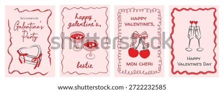 Valentine retro whimsical card set with playful designs. Galentine party invites, cocktail glasses, cherries with bows. Cute love postcards for parties and romantic celebrations. Vector illustration