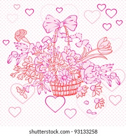 valentine rococo basket over shiny texture with pink hearts
